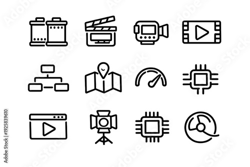 Collection of multimedia and technology line icons including film clapperboard video camera map microchip and studio lighting equipment