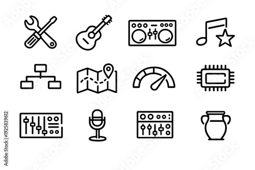 Collection of black line icons featuring tools music instruments technology and navigation symbols on a white background