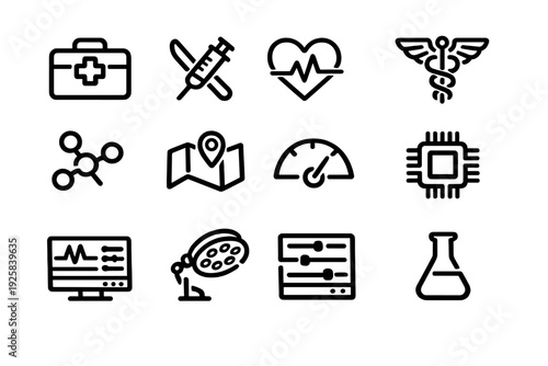 Medical and healthcare technology line icon set with first aid kit syringe heart pulse caduceus molecule map gauge and microchip