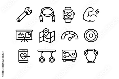 Collection of black line icons representing fitness health technology and data analysis tools on a clean white background