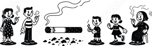 Retro cartoon 1950s vector showing family adults and children smoking holding cigarettes smiling side view black and white flat ink