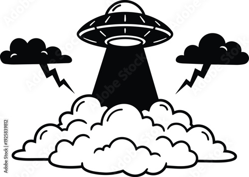 Cartoon line art flying saucer beaming down over storm clouds with lightning bolts close up vector illustration minimalist black outline