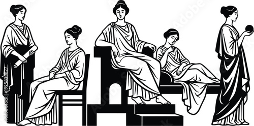 Engraving style classical greek women seated group wearing draped robes holding scroll and sphere on stepped plinth center figure looking