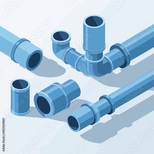 Isometric Blue PVC Pipes and Fittings for Plumbing and Water Systems.