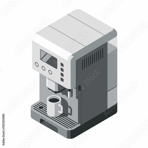 Isometric Coffee Machine Brewing Fresh Coffee into a White Mug.