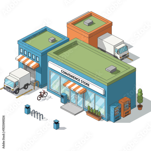 Isometric Convenience Store and Adjacent Buildings with Trucks.