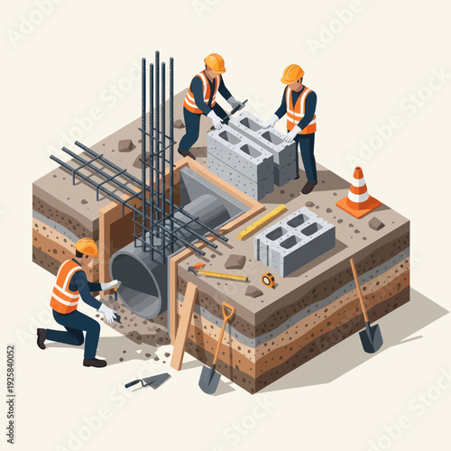 Isometric construction site with workers laying foundation and pipes.