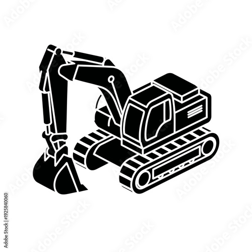 Isometric Excavator Machine Construction Vehicle Black and White Icon.