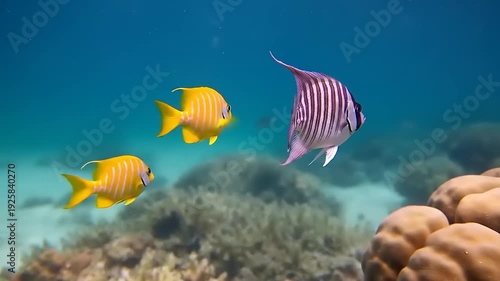 Underwater Scene with Colorful Fish Swimming Near Coral Reef.