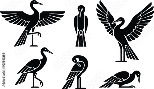 Minimalist flat design heron icon set six silhouettes in various poses close up side view spread wings standing and preening
