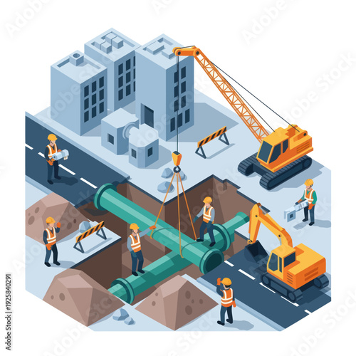 Isometric illustration of construction workers installing large pipes underground.
