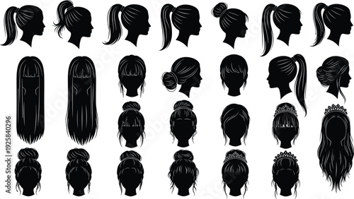 Collection of female hair silhouette set featuring various hairstyles including ponytails messy buns bob cuts and long straight hair for beauty and fashion design