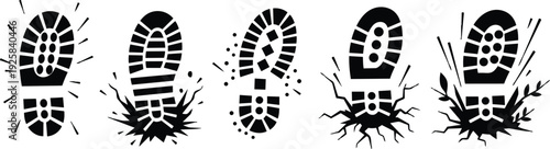 Flat design close up boot print stamps with cracked ground debris trail five black silhouettes low angle mud splatter wear