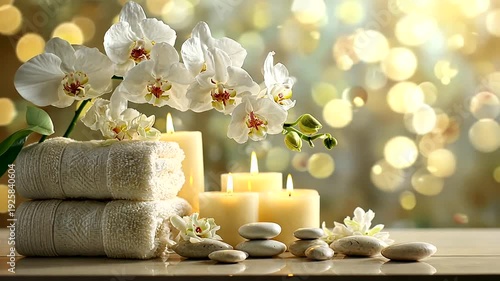Spa scene with towels, candles, orchids, and stones against a blurred bokeh background