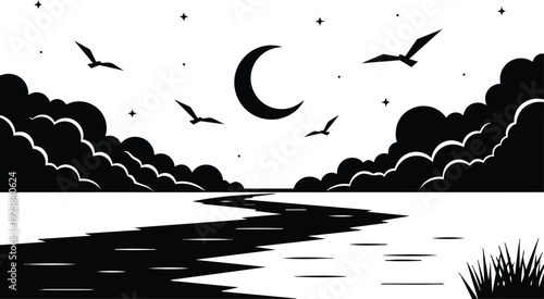 Flat design silhouette moonlit river winding toward horizon with crescent moon flying birds and marsh grass nocturnal minimal contrast panoramic