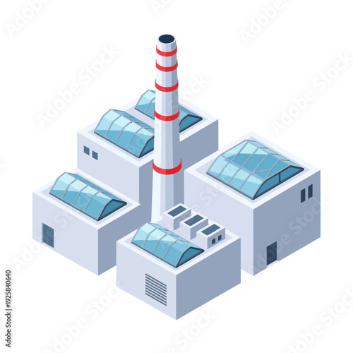 Isometric Industrial Power Plant with Chimney and Buildings.