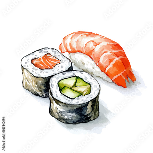 Sushi Nigiri With Wasabi And Pickled Ginger, drawing watercolor, vector isolated on a white background.