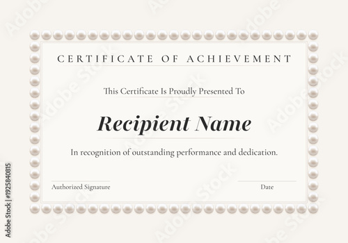 Elegant horizontal certificate of achievement template with refined pearl border and classic serif typography. Ideal for awards, corporate recognition, diplomas, beauty salons and luxury events.