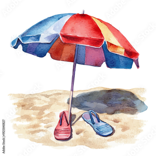 watercolor of Summer Beach Umbrella And Flip-flops illustration, isolated on a white background.
