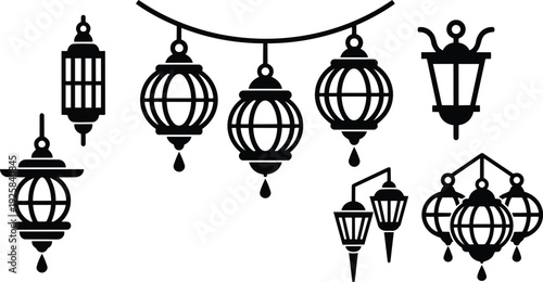 Flat design decorative arabic lantern silhouettes hanging string close up isolated on white background for ramadan celebration festive night decor