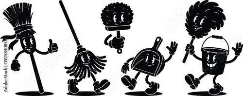 Retro rubber hose cartoon cleaning tools characters marching smiling with broom mop dustpan bucket duster close up playful vintage faces