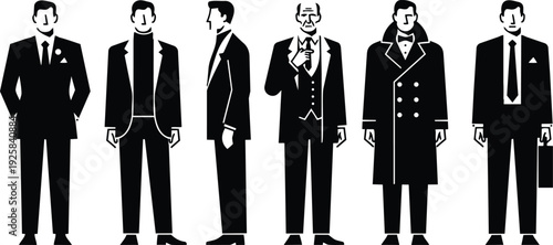Minimalist flat vector lineup of six men in formal suits varied poses side and front views stylized black and white