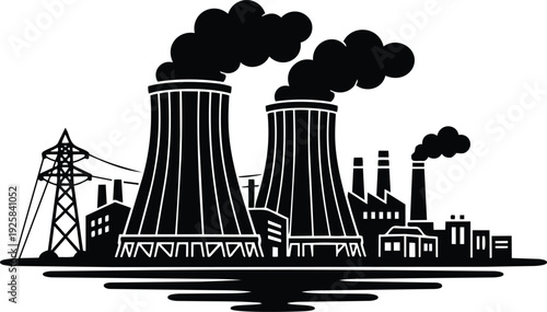 Flat design industrial skyline with cooling towers and power plant emitting smoke near transmission lines low angle monochrome silhouette reflection