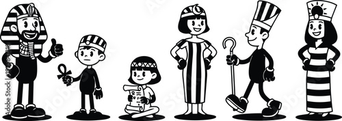 Retro cartoon vector lineup of playful ancient egyptian characters showing pharaoh child reader queen priest smiling holding ankh and scroll