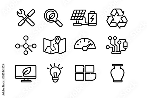 Set of sustainable energy and technology line icons including solar panel recycle symbol light bulb and tools on white background
