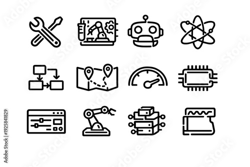 Set of technology and robotics line icons featuring robotic arms microchip server and engineering tools for industrial automation and