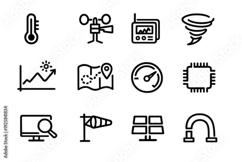 Set of weather monitoring and technology icons including thermometer tornado solar panel and microchip for data analysis and environmental