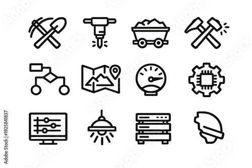 Mining and industrial technology icon set featuring tools equipment and digital monitoring symbols for heavy industry and engineering