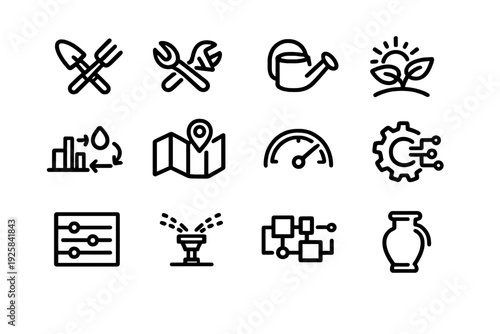 Smart farming and agriculture technology icons set featuring gardening tools irrigation systems and data analysis symbols for modern farming