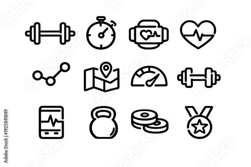 Collection of fitness and workout line icons including dumbbells kettlebell stopwatch heart rate monitor and gym equipment