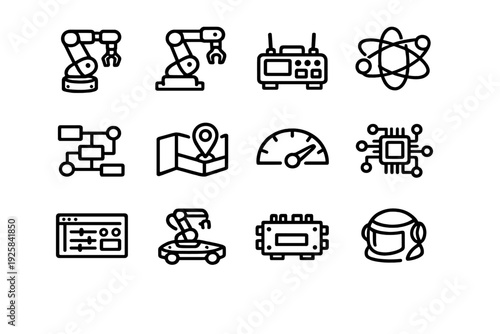Collection of technology and robotics icons featuring robotic arms atom microchip and astronaut helmet for industrial automation and science