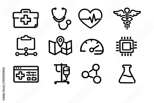 Collection of medical and healthcare line icons including stethoscope heart pulse first aid kit and laboratory equipment on white background