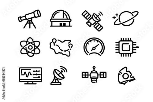 Science and space technology line icon set featuring telescope satellite planet atom and microchip symbols for astronomy and research