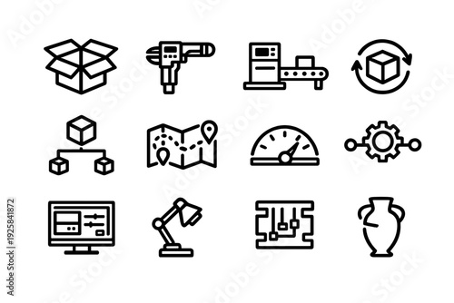 Manufacturing and logistics line icon set featuring engineering tools production equipment and supply chain symbols on white background