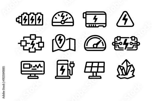 Set of energy and electricity icons including battery charging solar panel power station and electrical circuit symbols on white background