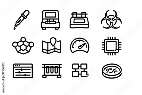 Collection of science and laboratory research icons including biohazard symbol microchip petri dish and test tubes on white background