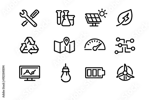 Sustainable energy and industrial technology line icon set featuring solar power wind turbine recycling and laboratory equipment symbols