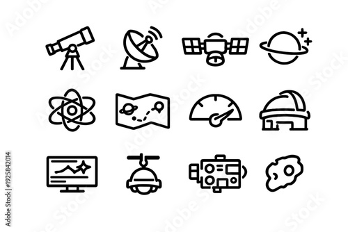 Astronomy and space exploration line icon set featuring telescope satellite planet and observatory symbols on white background