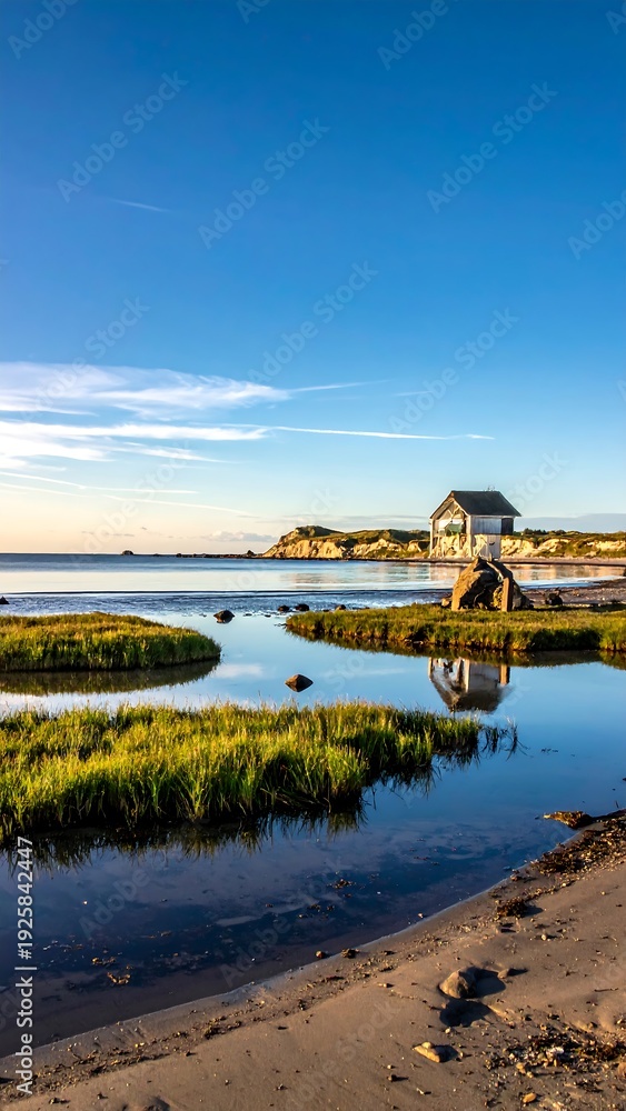 Naklejka premium Serene beach with calm water reflecting a house under a clear blue sky at sunset