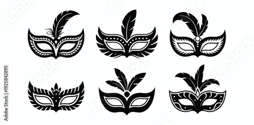 Carnival mask glyph icon collection. Includes masquerade, Venetian, party, festival, celebration, and Mardi Gras symbols. Created in black and white silhouette style with a monochrome palette.