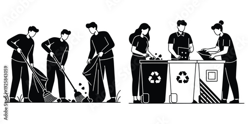 Community Service Concept with People Cleaning Environment and Removing Waste Vector