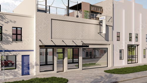 Foto Modern Commercial Building Facade with Rooftop Bar and Retail Shopfront - 3D Ren