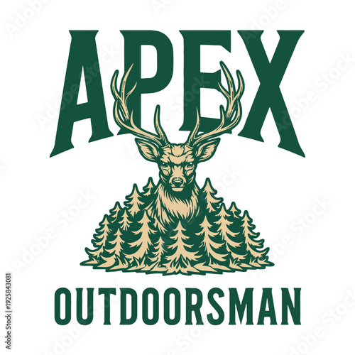 Apex Outdoorsman design shows a magnificent stag emerging from pine trees.