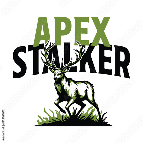 Apex Stalker graphic features a walking stag above grassy foreground elements.