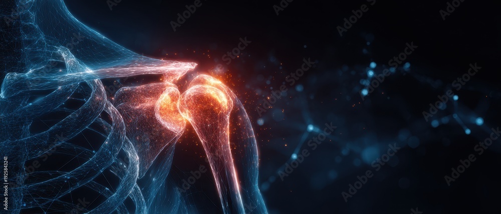 Fototapeta premium Abstract medical illustration of a human shoulder joint with a red glowing pain area. Futuristic blue wireframe skeleton background with copy space