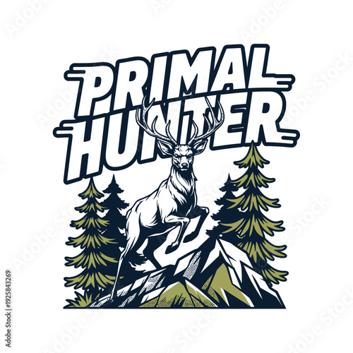 Deer illustration with text reading Primal Hunter jumps over rocky terrain.
